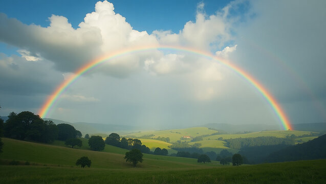 Majestic rainbow arching over a verdant rural landscape, a breathtaking display of natural color and light - Powered by Adobe