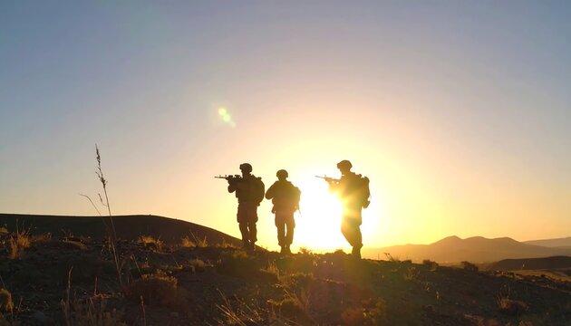 Silhouette of three soldiers on a hilltop at sunrise