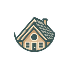 A stylized illustration of a cozy house with a sloped roof and circular window, symbolizing home