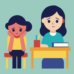 Obraz premium Sad girl sitting at school desk with books vector illustration graphic design.