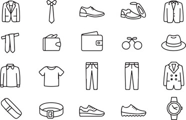 Collection of minimalist outlined men's clothing accessories icons for design and illustration