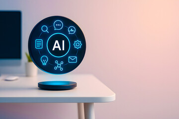 Futuristic AI-powered interface hovering above a clean white desk in a modern workspace environment—conceptual illustration of artificial intelligence integration in contemporary digital workspaces 