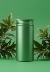 Green metal container with textured lid surrounded by lush green leaves