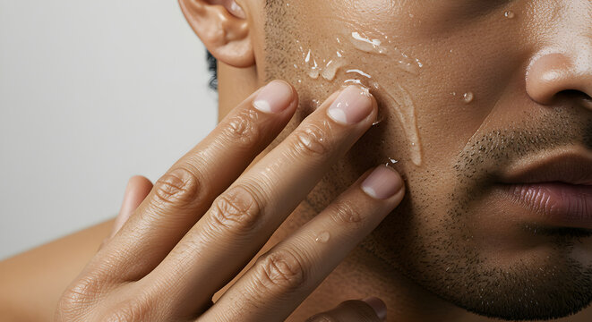 A man is applying gel to his face for skincare