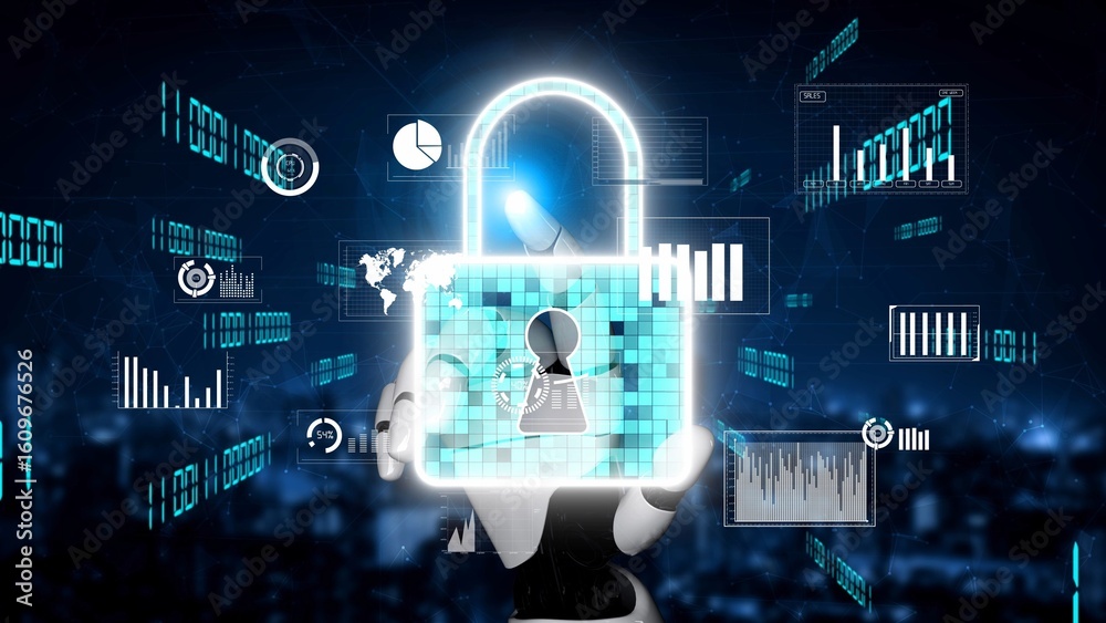 Poster a futuristic robot presents a digital lock symbol, reflecting concepts of cyber security. ambient da