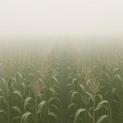 Corn fields in fog like thick milk,