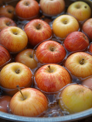 Closeup of a water-filled metal tub with apples for Halloween's Apple Bobbing.