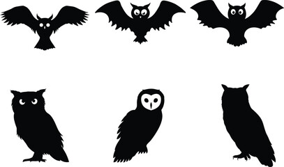 Set of owl silhouettes for Halloween. vector silhouette Owl silhouettes, Barn owl silhouette, Owl silhouettes vector illustration, Owl clipart.