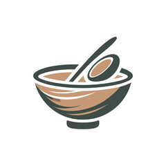A rustic bowl of soup with a spoon resting inside, set against a minimalist background