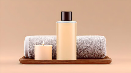 A spa bottle, towel, and candle set on a wooden tray evoke calm and comfort. Ideal for wellness, aromatherapy, or self-care product branding.