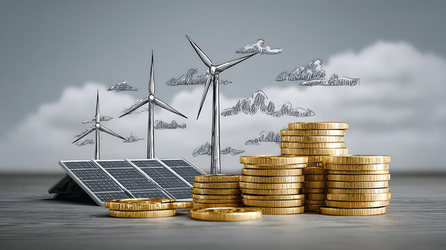 Renewable energy investment. Solar panel wind turbine renewable energy clean. Finance sustainable, Eco-friendly clean climate change