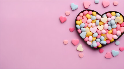 A heart-shaped box filled with colorful, pastel-colored candies on a pink background.