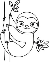 Drawing Cute Cartoon Sloth Hanging On a Tree Branch Coloring Page for Kids and Adults Printable Template on Transparent Background 