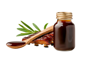 A jar of dark syrup with a wooden spoon and herbs on a white isolated background.