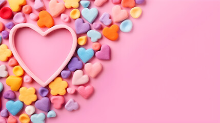 A pink heart-shaped cookie cutter surrounded by colorful, pastel-colored candy hearts on a pink background.