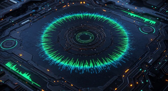 Futuristic Digital Circuit Board with Glowing Sound Waves