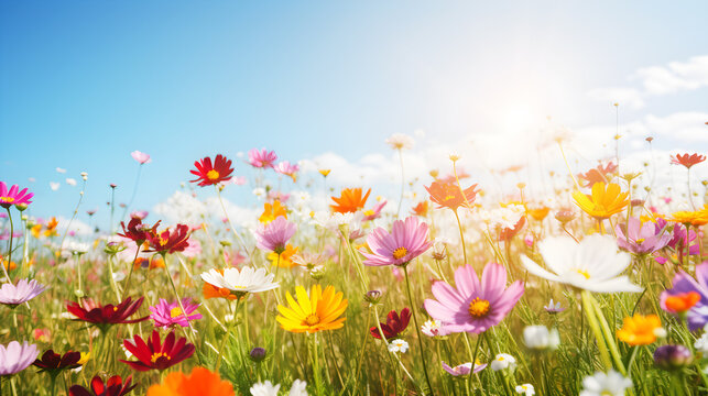 Fototapeta A vibrant, colorful meadow with a variety of flowers, including daisies, dandelions, and wildflowers, under a clear blue sky with scattered clouds.