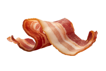 Delicious slices of bacon, curled and ready for cooking, isolated on a white background.