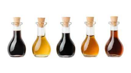 Five glass bottles filled with various oils, each showcasing different colors, with cork stoppers on a transparent background.