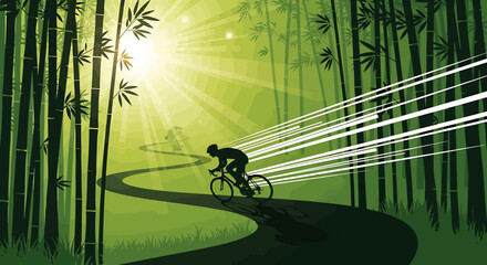 Cyclist riding bicycle through bamboo forest with sunshine illustration artwork design