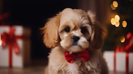 A small dog with a red bow tie sitting in front of a Christmas tree with presents wrapped in red and white paper.