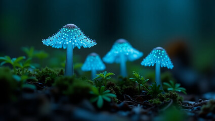 Fototapeta premium A cluster of magical bioluminescent mushrooms casting a surreal blue glow on the mossy forest floor at twilight.