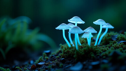 Fototapeta premium Mystical bioluminescent fungi glowing with an ethereal blue light on a mossy forest floor in the dark.
