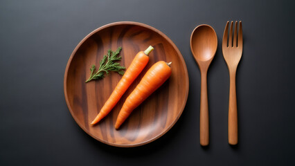 Wooden plate with carrots, herbs, spoon and fork on black backdrop, overhead shot
