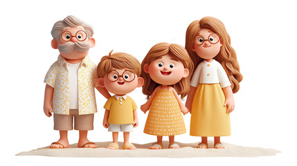 Cute 3d Illustration of a Cheerful Family Standing Together in Colorful Sand Beach Outfits