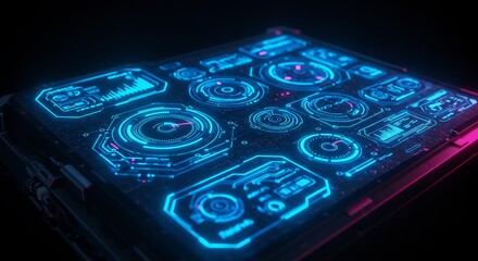 Futuristic Digital Interface with Neon Blue and Pink Accents