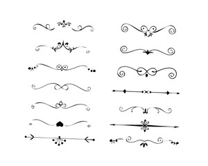 Obraz premium text dividers doodle set. Wedding decorative elements. Divider ornament, borders, floral, vintage line separators. Hand drawn vector illustration isolated on white background. Set page dividers.