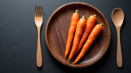 Top-Down Composition: Carrots, Wooden Utensils & Plate on a Dark Table