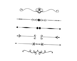 text dividers doodle set. Wedding decorative elements. Divider ornament, borders, floral, vintage line separators. Hand drawn vector illustration isolated on white background. Set page dividers.