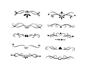 text dividers doodle set. Wedding decorative elements. Divider ornament, borders, floral, vintage line separators. Hand drawn vector illustration isolated on white background. Set page dividers.