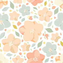 A charming seamless pattern of hand-drawn pastel flowers and leaves in soft peach, blue, and green hues.