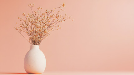 Minimalist ceramic vase with dried flowers on soft pink background