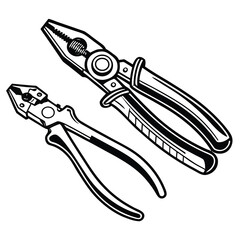 Two Cartoon Pliers Depicted with Bold Outlines and Shading Presenting a Contrast Between a Large and a Smaller Tool