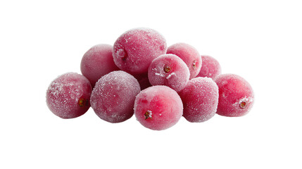 Frozen red berries stacked on a white isolate background, showcasing their natural texture and freshness.