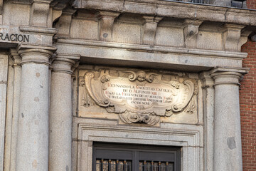 Madrid, Spain. Commemorative inscription on the facade of the Palacio de Santa Cruz honoring King...