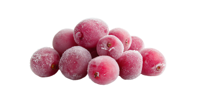 Frozen red berries stacked on a white isolate background, showcasing their natural texture and freshness.