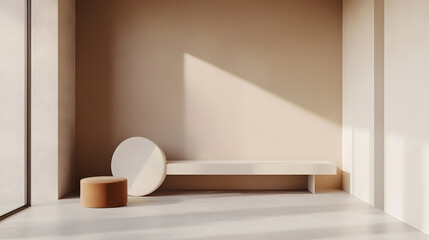 Minimalist interior with taupe and ivory color block design featuring bench and round ottoman in soft sunlight