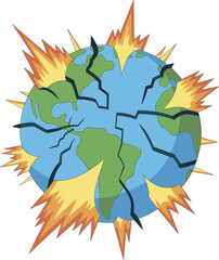 Exploding cartoon Earth with cracks and fire, world destruction concept, global disaster illustration, apocalyptic planet image for environment, crisis, danger themes