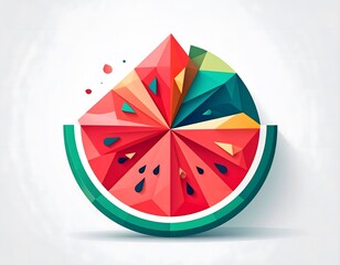 Abstract geometric watermelon slice with vibrant red, green, and teal colors, created with polygonal shapes.