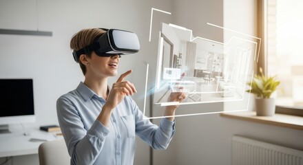 Woman in virtual reality headset interacting with a 3d interior design plan. Future of architecture and home renovation concept.