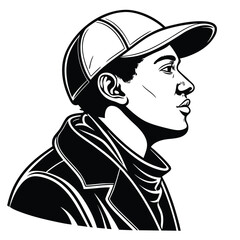 Man wearing baseball cap and jacket profile head face