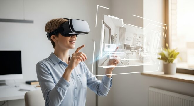 Woman in virtual reality headset interacting with a 3d interior design plan. Future of architecture and home renovation concept. - Powered by Adobe