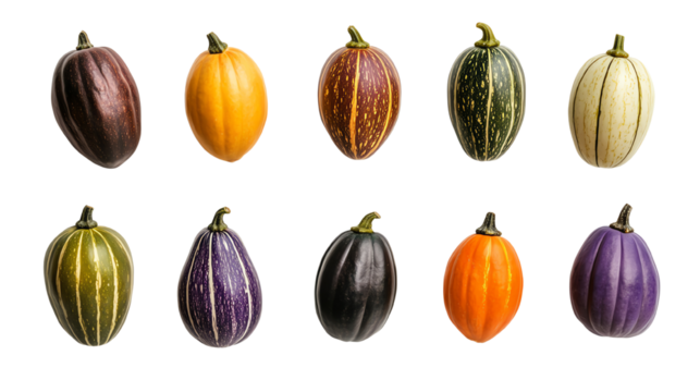 Various colorful squash arranged on a white background, showcasing unique shapes and textures.
