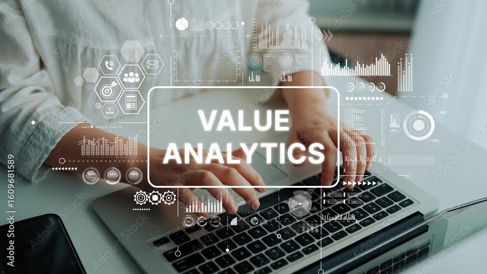 Poster hands on laptop with data visualization for value analytics in modern business context. asymptotic s