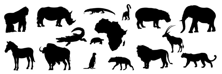 Animals of Africa. Africa with silhouettes of animals living there. Perfect for educational literature, tourist advertising, postcards, posters