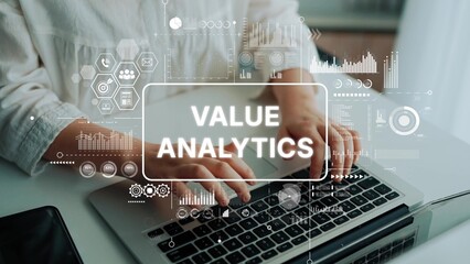 Hands on Laptop with Data Visualization for Value Analytics in Modern Business Context. Asymptotic smart data analytic.